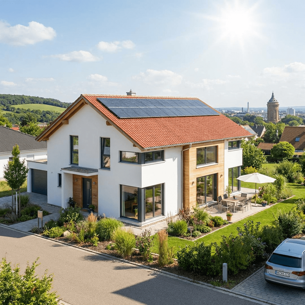 Einfamilienhaus mit rotem Dach und Garten